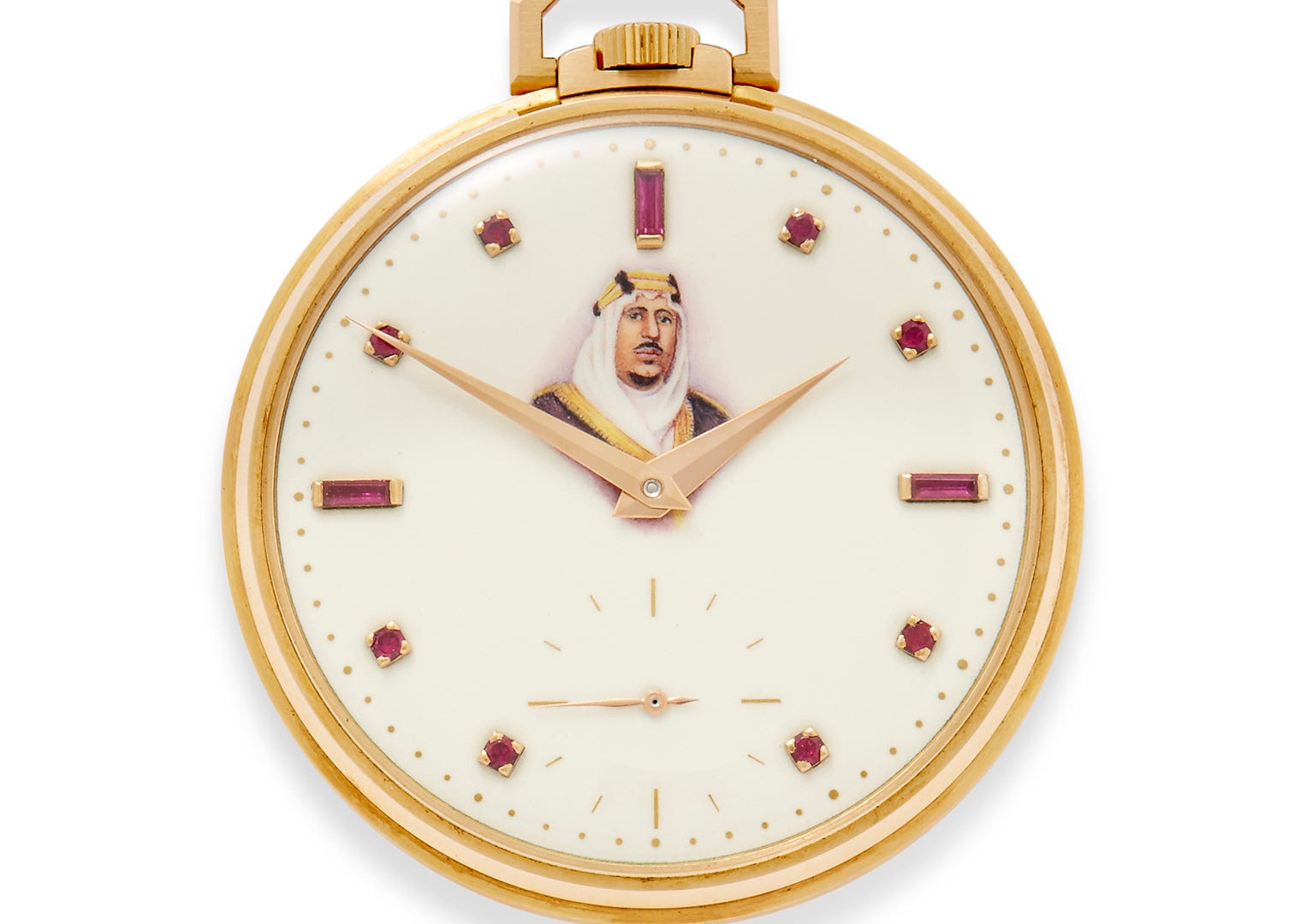 A Patek Philippe gold pocket watch featuring a portrait of King Abdulaziz of Saudi Arabia. Image courtesy of Bonhams